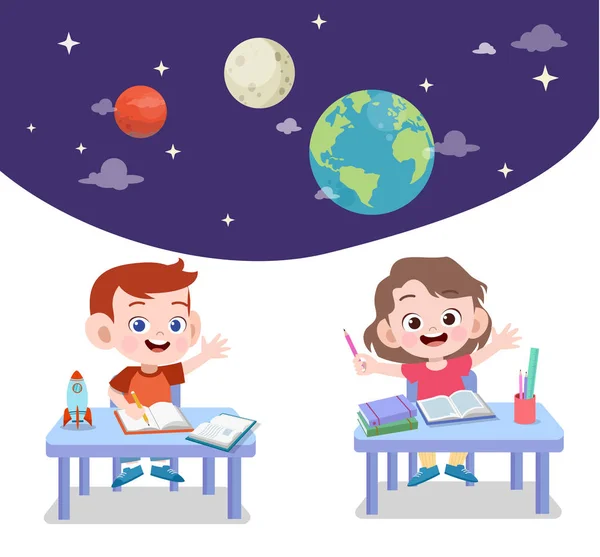 Niños estudio astronomía vector ilustración — Vector de stock