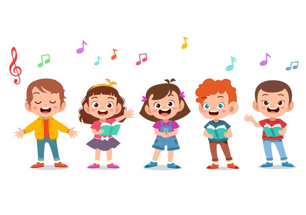 Cartoon group of children singing in the school choir