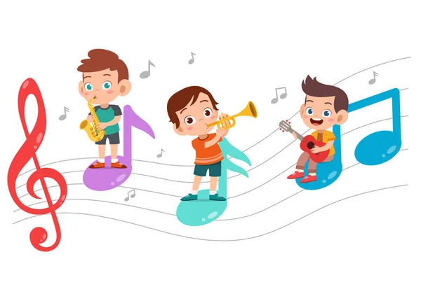 Kreskówkowe małe dzieci grające muzykę — Wektor stockowy