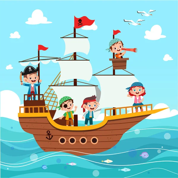 Grupo de piratas de desenhos animados em um navio no mar —  Vetores de Stock