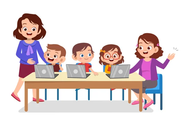 Kids learning computer with teacher — Stock Vector