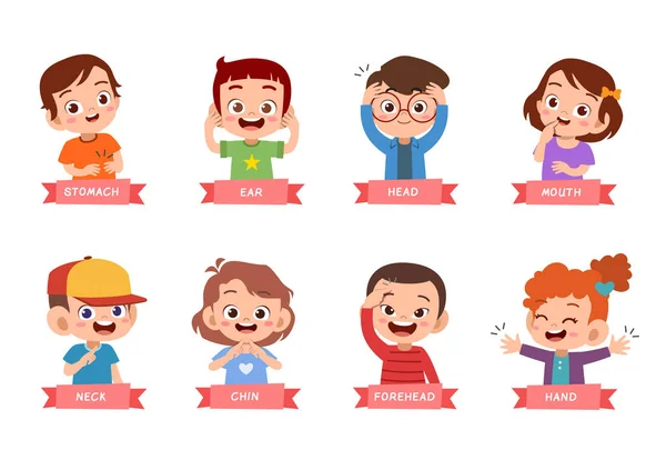 Vücut veya Yüz Parçaları Serisi Adlandırma Parçası olarak Bir Çocuk Kız İşaret ve Söyleyerek Göz İllüstrasyon
