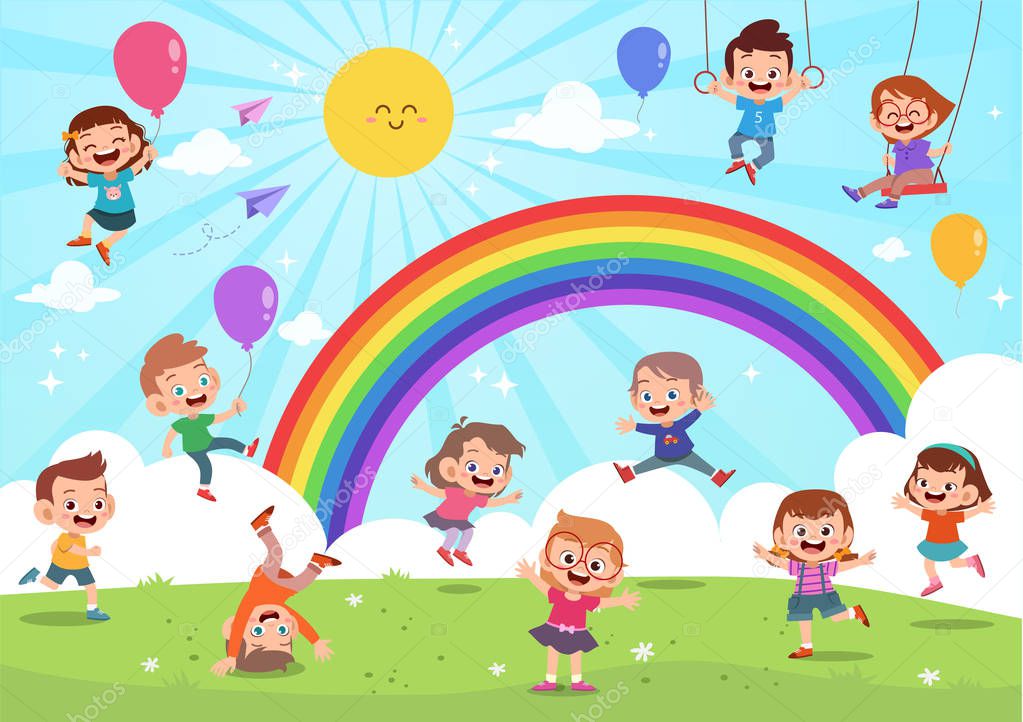 Kids jumping under rainbow colorful cartoon