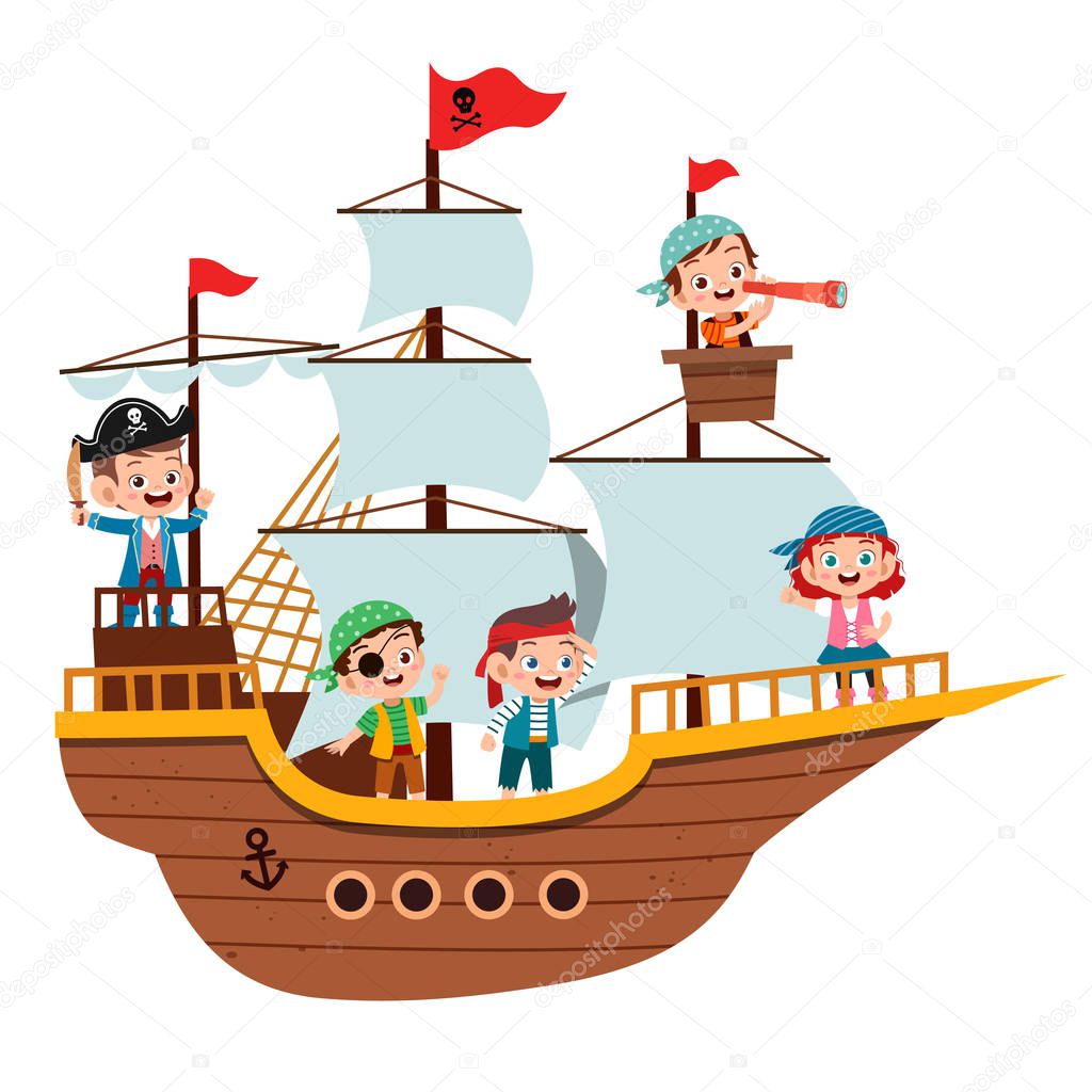 Group of cartoon pirates on a ship at the sea