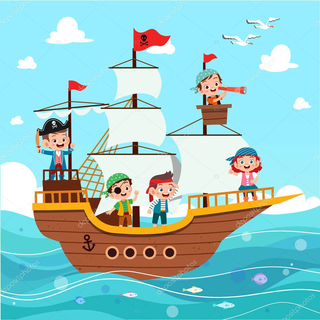 Grupo de piratas de dibujos animados en un barco en el mar Vector de stock  por ©colorfuelstudio 303835558, image size:1024x1024