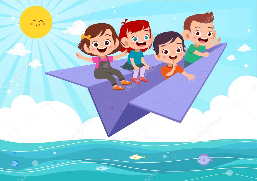 kids ride paper plane vector illustration