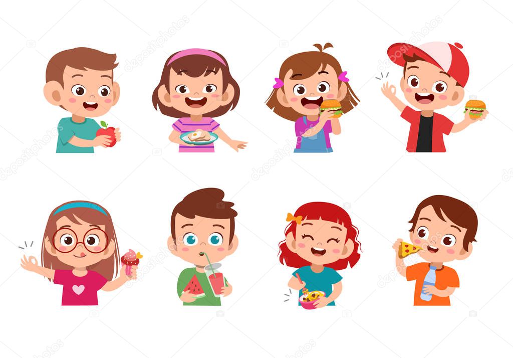 Collection of cartoon little boy eating fast food