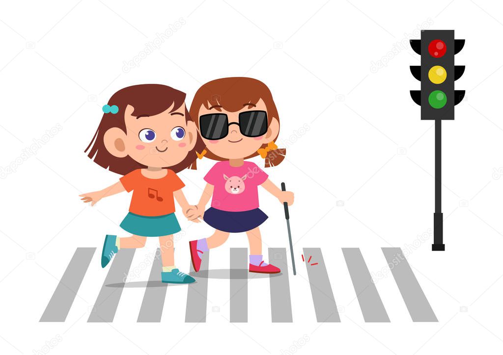 kid girl help blind friend cross road