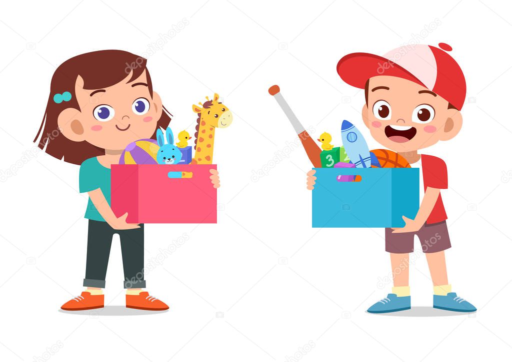 Boy and girl holding boxes of donate filled with toys and books vector cartoon illustration