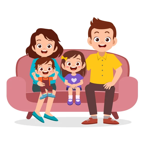 Ευτυχισμένος χαμογελώντας ανώτερος ζευγάρι συγκέντρωση μαζί με ενήλικα παιδιά, εγγόνια και δισέγγονα στο καθιστικό δωμάτιο στο σπίτι. Τέσσερις γενιά ενωμένη οικογένεια καρτούν εικονογράφηση φορέα — Διανυσματικό Αρχείο