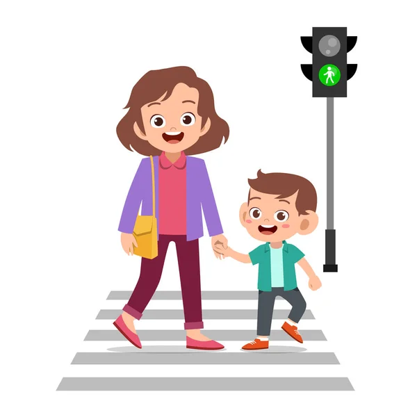 Грустный мальчик ходит в школу с игровым контроллером. Мать и сын пересекают пешеход, векторная иллюстрация . — стоковый вектор