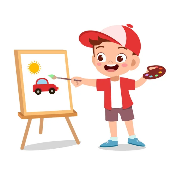 Kid artist little boy painting on canvas — Stock Vector