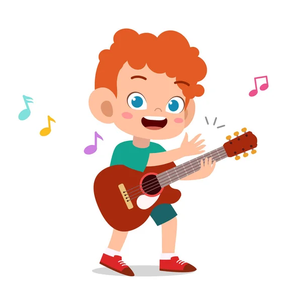 Niño feliz jugar vector de música de guitarra — Vector de stock