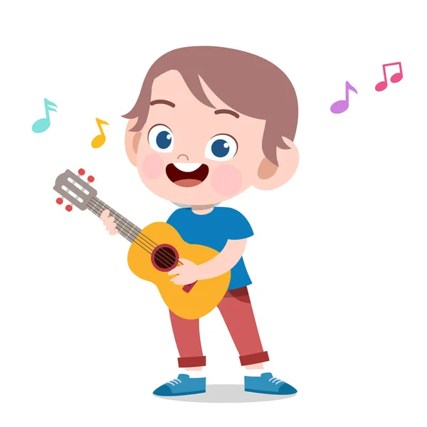 Niño feliz jugar ukelele vector de música — Vector de stock