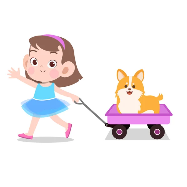 Bambino felice ragazza tirando carro giocattoli vettore animale domestico — Vettoriale Stock