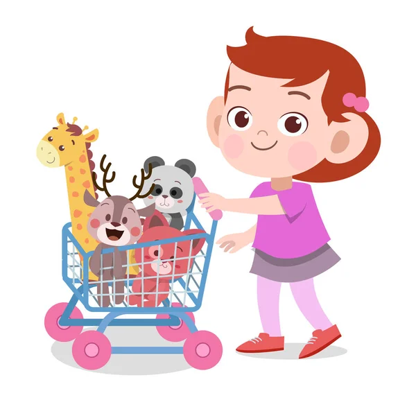 Happy kid girl pulling wagon toys pet vector — Stock Vector
