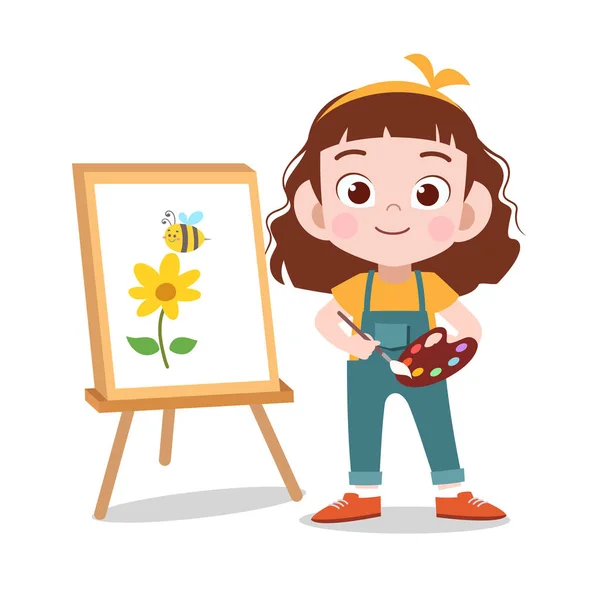 Gelukkig Kid trekken bloem schilderij vector illustratie — Stockvector