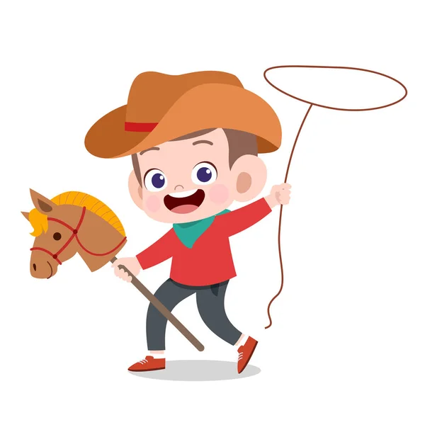 Criança feliz brincar com cavalo brinquedo vetor ilustração —  Vetores de Stock