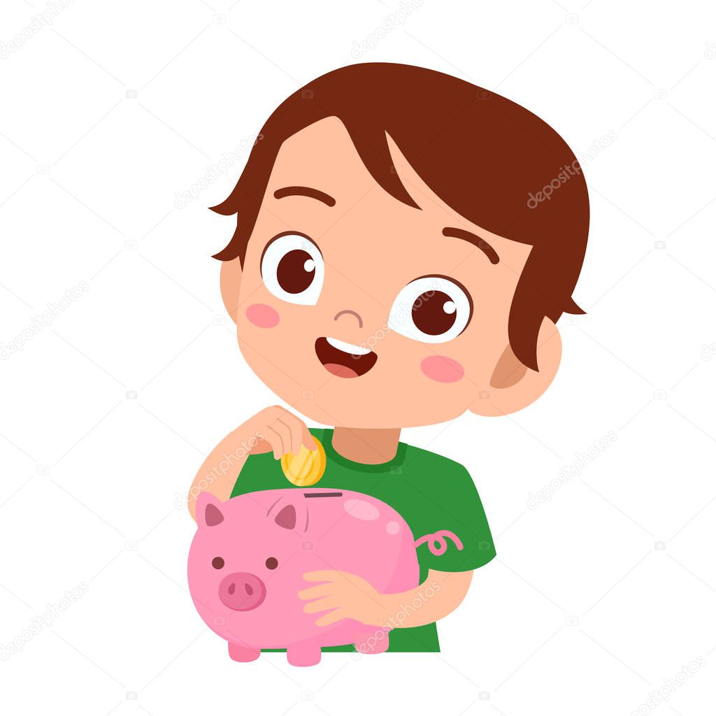 happy kid holding piggy bank vector