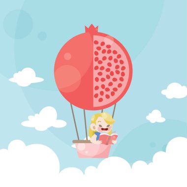 Karikatür çocuklar bir sıcak hava balonu meyve mutlu çocuklar nar meyve sürme
