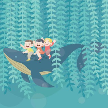 sevimli mutlu çocuklar balina sevinç vektörü ile oynamak