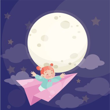gökyüzü vektör illüstrasyon yıldız ve dolunay ile kağıt uçak sürme sevimli mutlu çocuk