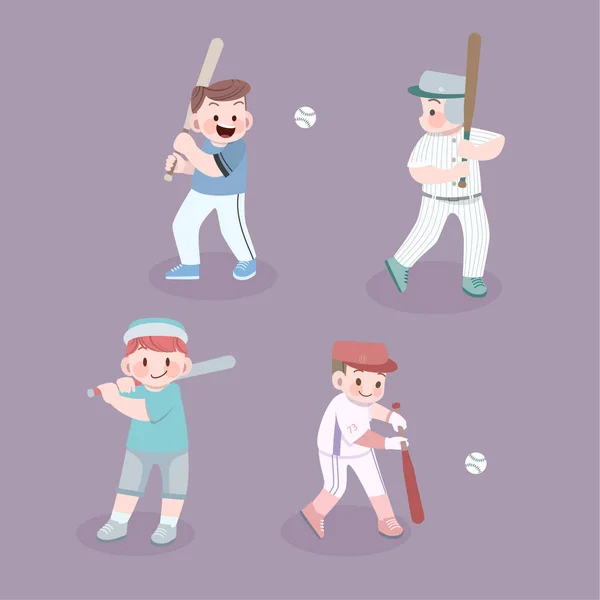 Lindo feliz niños deporte actividad béisbol bateador vector ilustración conjunto — Vector de stock