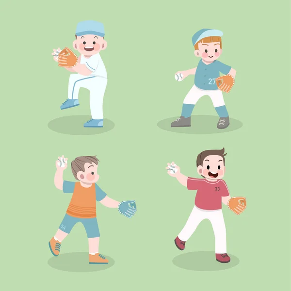 Lindo feliz niños deporte actividad béisbol lanzador vector ilustración conjunto — Vector de stock