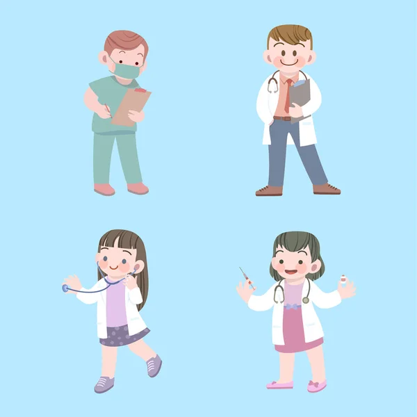 Niedlichen Kinder Arzt und Krankenschwester Job-Sammlung mit Stethoskop — Stockvektor