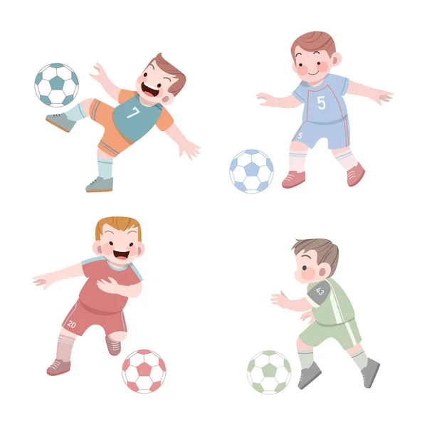 Carino felice bambini sport attività calcio vettore illustrazione set — Vettoriale Stock