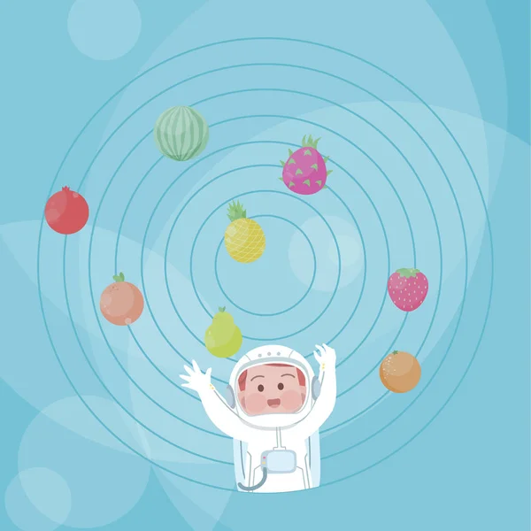 Lindo niño feliz astronauta jugar fruta planeta vector ilustración fantasía — Archivo Imágenes Vectoriales