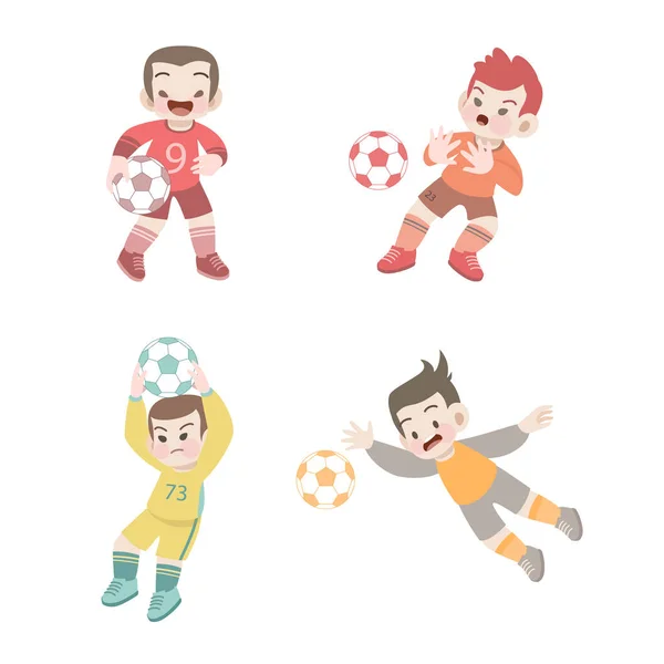 Lindo feliz niños deporte actividad fútbol guardián vector ilustración conjunto — Vector de stock