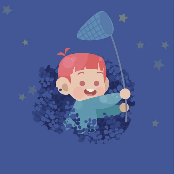 Lindo niño feliz jugar con estrellas y luna llena en el cielo vector ilustración — Vector de stock