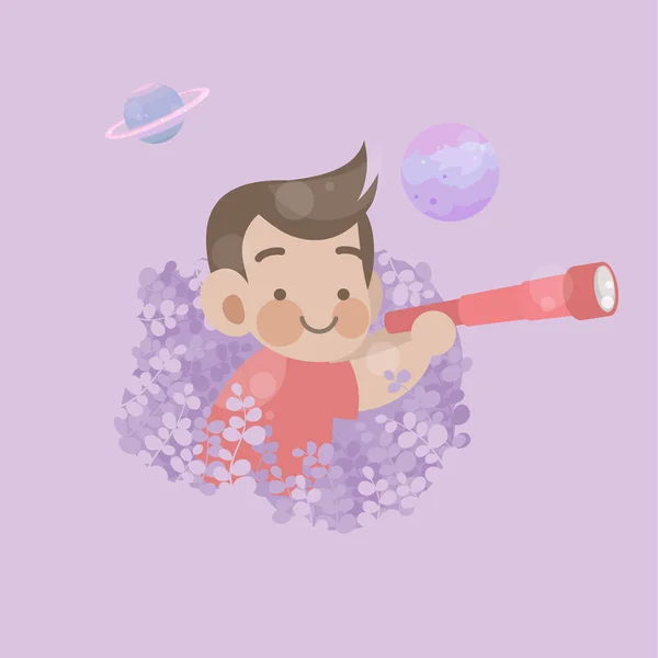 Lindo niño feliz jugar telescopio para ver planeta vector ilustración — Vector de stock