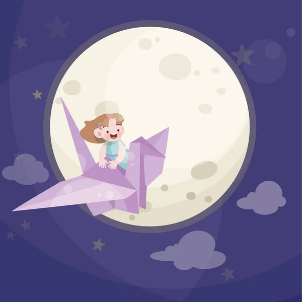 Niedliche glückliche Kind spielen mit Sternen und Vollmond am Himmel Vektor Illustration — Stockvektor
