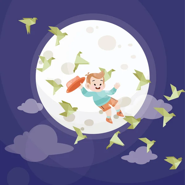 Aranyos boldog gyerek játszani a csillagok és a telihold az égen vektor illusztráció — Stock Vector