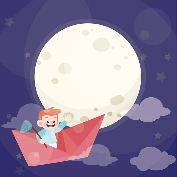 Lindo niño feliz jugar avión de papel con estrellas y luna llena en el cielo vector ilustración — Vector de stock