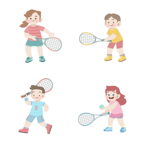 Leuke gelukkige kinderen sportactiviteit tennis vector illustratie set — Stockvector
