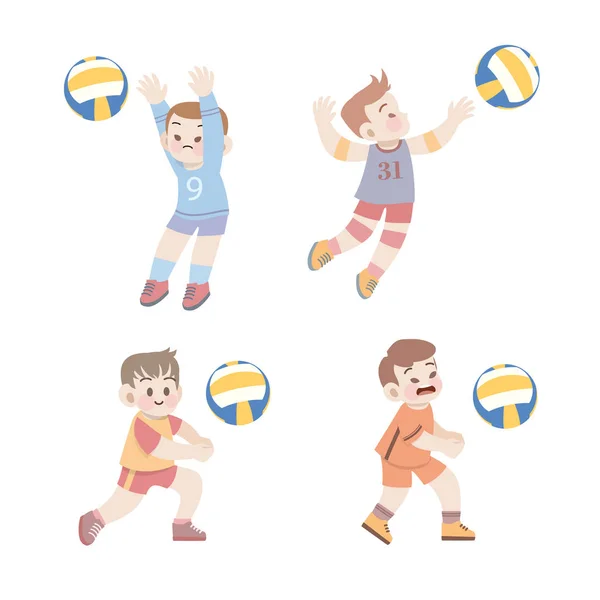 Милый счастливый детей спортивной деятельности волейбол векторные иллюстрации набор — стоковый вектор