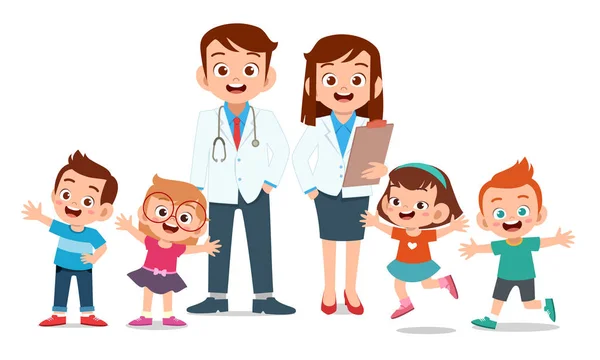 Anak-anak bahagia dengan ilustrasi senyum dokter - Stok Vektor