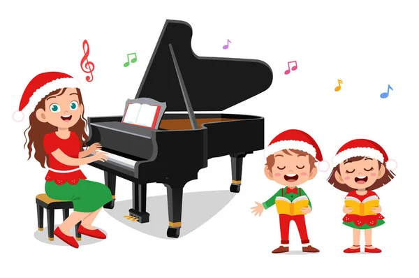 Bambini felici cantano con il pianoforte Natale — Vettoriale Stock