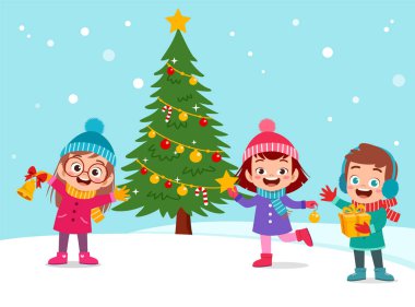 mutlu çocuklar noel ağacı kar