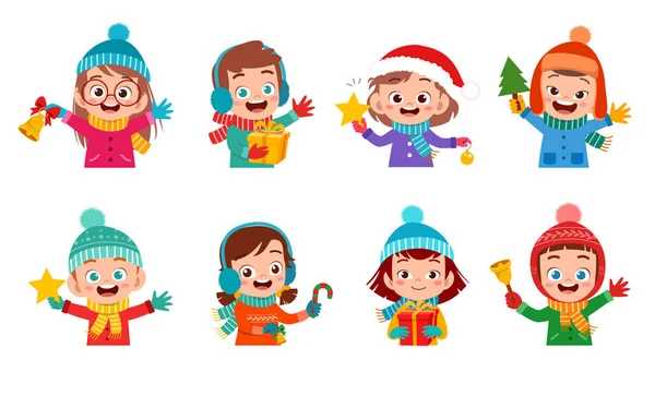 Boldog gyerekek kifejezés mosoly karácsony-set — Stock Vector