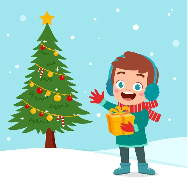 Happy kids christmas tree snow — Stock Vector