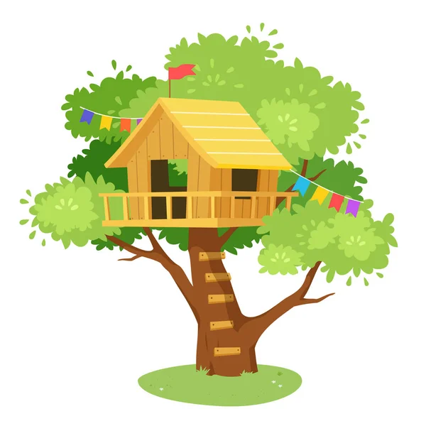 Mignon arbre maison dessin animé sur jungle design — Image vectorielle