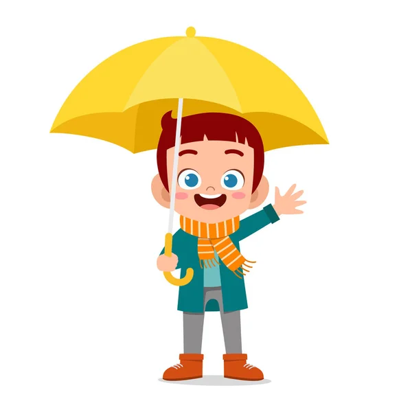 행복 귀여운 아이 사용 우산 비의 날 — 스톡 벡터