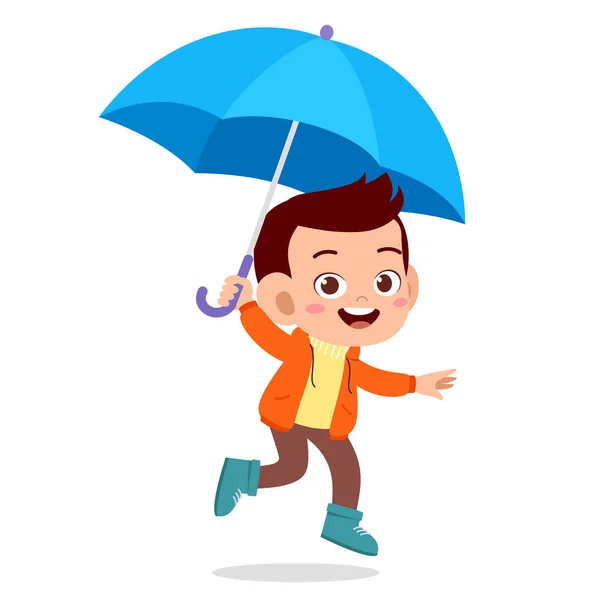 Glücklich süße Kind verwenden Regenschirm regen Tag — Stockvektor