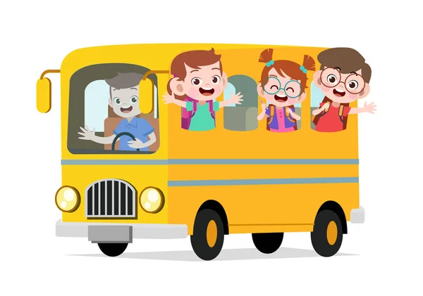 행복한 귀여운 아이들은 학교에 버스를 타고 — 스톡 벡터