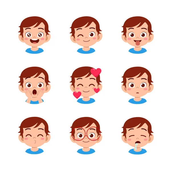 Bonito criança rosto expressão emoji emoticon conjunto —  Vetores de Stock
