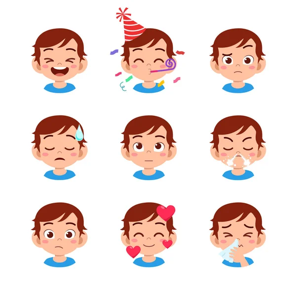 Lindo niño cara expresión emoji emoticono conjunto — Vector de stock